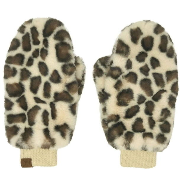 Hand Warmer Fingerless Mitten Winter Gloves Leopard Print Fur Pom Pom
